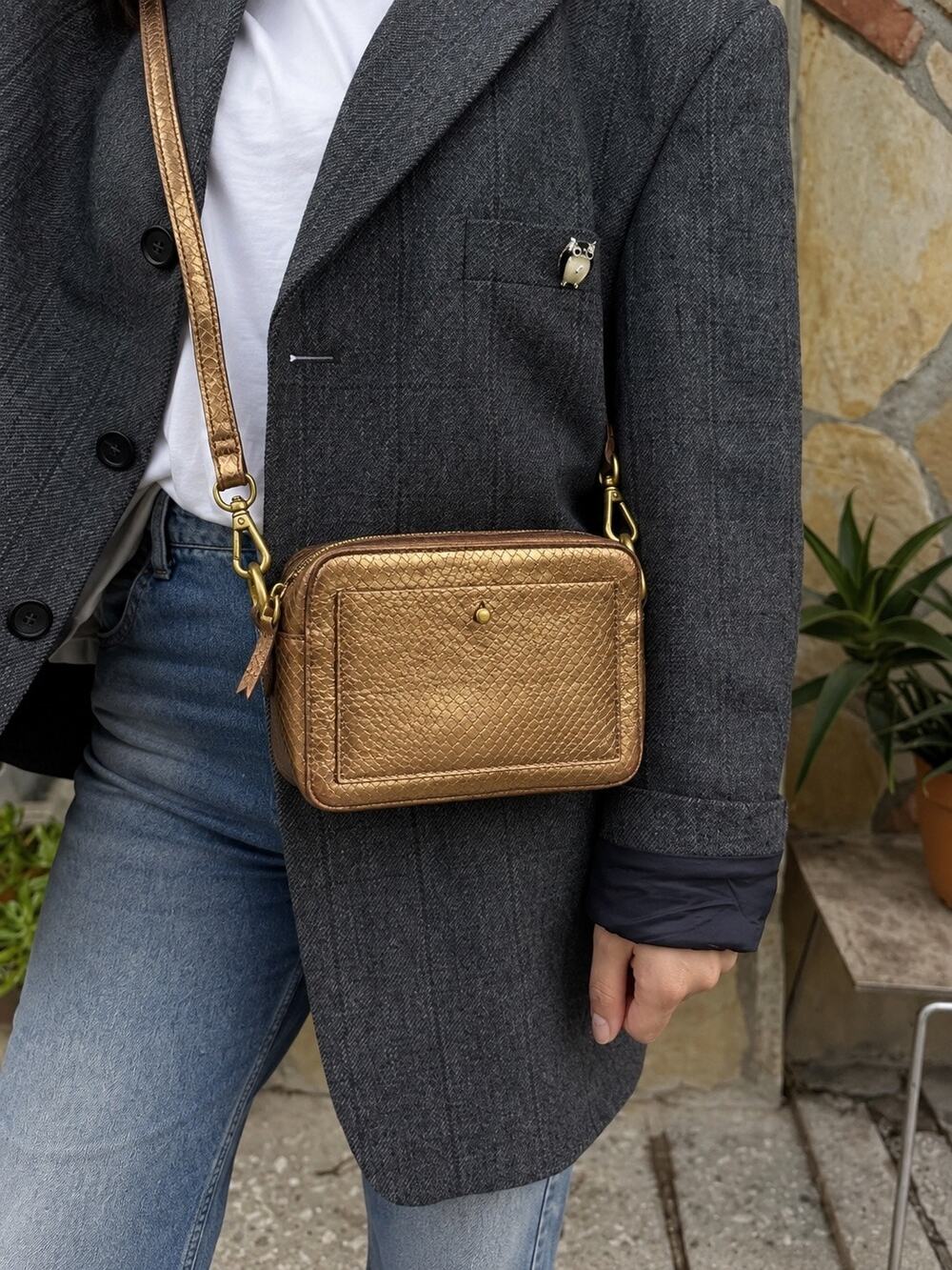Madewell Transport Camera Bag Metallic Gold Snake Embossed Leather Crossbody
